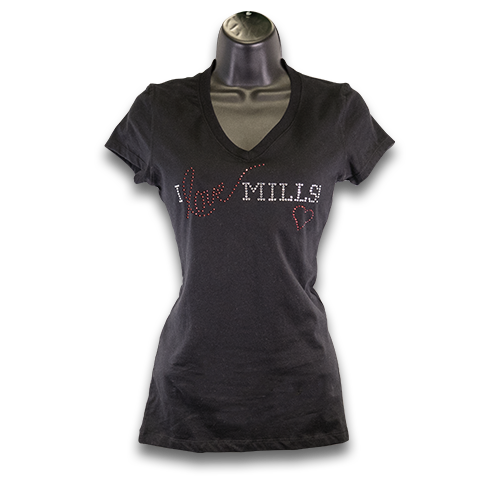 "I Love Mills!" Rhinestone V-Neck Jersey T-Shirt -Black/White