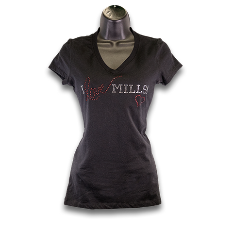 "I Love Mills!" Rhinestone V-Neck Jersey T-Shirt -Black/White