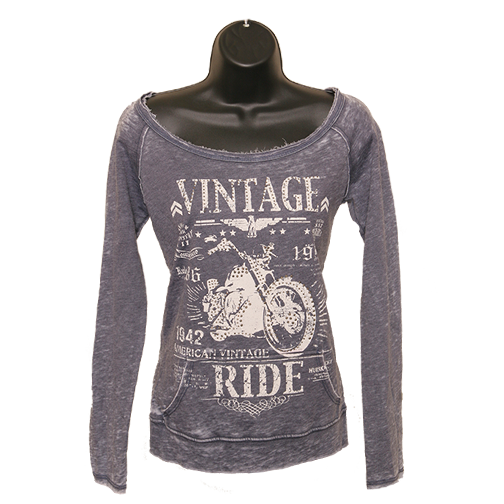 "Vintage Ride" Boat-Neck Sweatshirt - Denim Blue