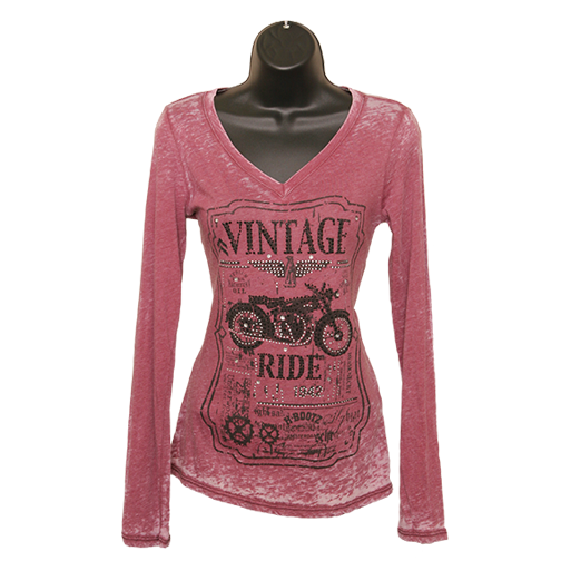 Long Sleeve "Vintage Ride" Motorcycle T-Shirt - Burgundy